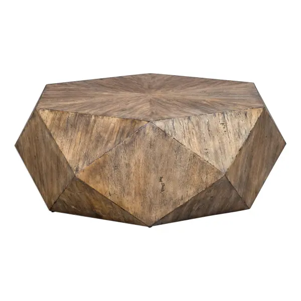 This Unique Geometric Coffee Table Features A Sunburst Top In Mango Veneer Finished In Burnished Honey With A Subtle Light Gray Glazing. Collection: Volker Finish: Burnished Honey Width: 48.00" Height: 18.00" Length: 43.80" Weight: 70.40 lb Material: Mdf Carb Phase 2 With Javawood Country of Origin: Indonesia Safety Rating: Indoor Only