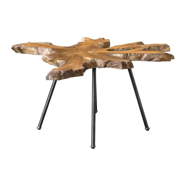 Featuring Solid Wood Construction, This Coffee Table Is Topped With A Deeply Grained Cross Section Of Natural Teak Wood With Light Honey Glazing, Paired With Aged Black Finished Iron Legs. Sizes And Grain Pattern May Vary Due To The Authentic Nature Of The Design. Collection: Kravitz Designer: Matthew Williams Finish: Aged Black Width: 38.00" Height: 17.25" Length: 28.00" Weight: 33.00 lb Material: Teak Wood With Iron Country of Origin: Indonesia Safety Rating: Indoor Only