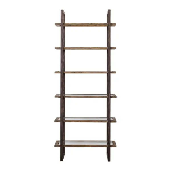 This Forged Iron Framed Etagere, Finished In Aged Steel With Light Distressing Features Six Display Shelves With Driftwood Finished Surrounds, Inset With Clear Glass. Collection: Olwyn Designer: Matthew Williams Finish: Aged Steel Width: 36.00" Height: 90.00" Length: 18.00" Weight: 77.00 lb Material: Javawood With Metal Iron And Glass Country of Origin: Indonesia Safety Rating: Indoor Only