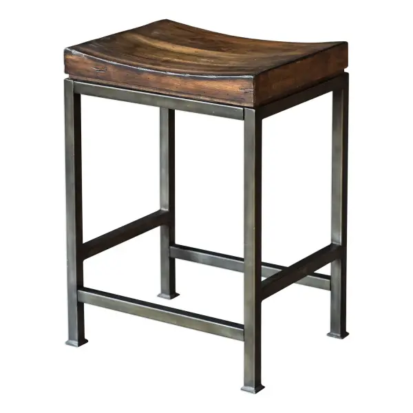 A sturdy counter stool blending warm dark walnut hardwood seating with an industrial brushed steel base—great for kitchen islands and casual dining spaces.