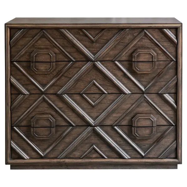 With A Transitional Deep Walnut Finish Over Mindi Veneer, Naturally Distressed And Hand Rubbed To Expose Natural Undertones, This Four Drawer Chest Features An Updated Geometric Carved Molding Front Over A Floating Plinth Base. Collection: Mindra Designer: TAYLOR WEST Finish: Naturally Distressed And Hand Rubbed To Expose Natural Undertones Width: 43.00" Height: 36.00" Length: 18.00" Weight: 129.00 lb Material: Solid Wood Carb Phase 2 With Mindi Veneer And Plywood Country of Origin: Indonesia Safety Rating: Indoor Only