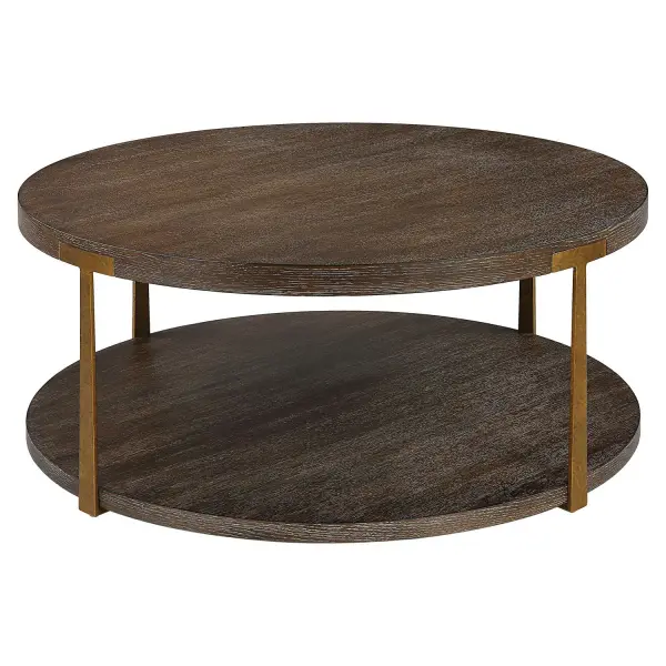 The Palisade Coffee Table Is Finished In A Rich Coffee Finished Oak Veneer With Natural Wood Grain Details Accented By Forged Metal Columns Finished In Mottled Antique Gold. Collection: Palisade Designer: Matthew Williams Finish: Antique Gold Width: 40.00" Height: 17.00" Length: 40.00" Weight: 77.35 lb Material: Mdf, Oak Veneer, Metal, Hardware Country of Origin: Vietnam Safety Rating: Indoor Only