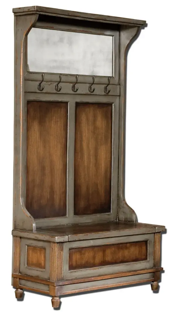 Honey Stained, Solid Mahogany Wood With Hand Painted, Distressed Charcoal Gray Accents, Aged Brass Coat Hooks And Antiqued Mirror. Seat Lifts With Safety Hinge For Storage. Collection: Riyo Designer: Matthew Williams Finish: Aged Brass Width: 40.75" Height: 73.25" Length: 19.00" Weight: 106.00 lb Extension from Wall: 18.00" Bulb Type: tbn Material: Mahogany Wood With Mdf Country of Origin: Indonesia Safety Rating: Indoor Only