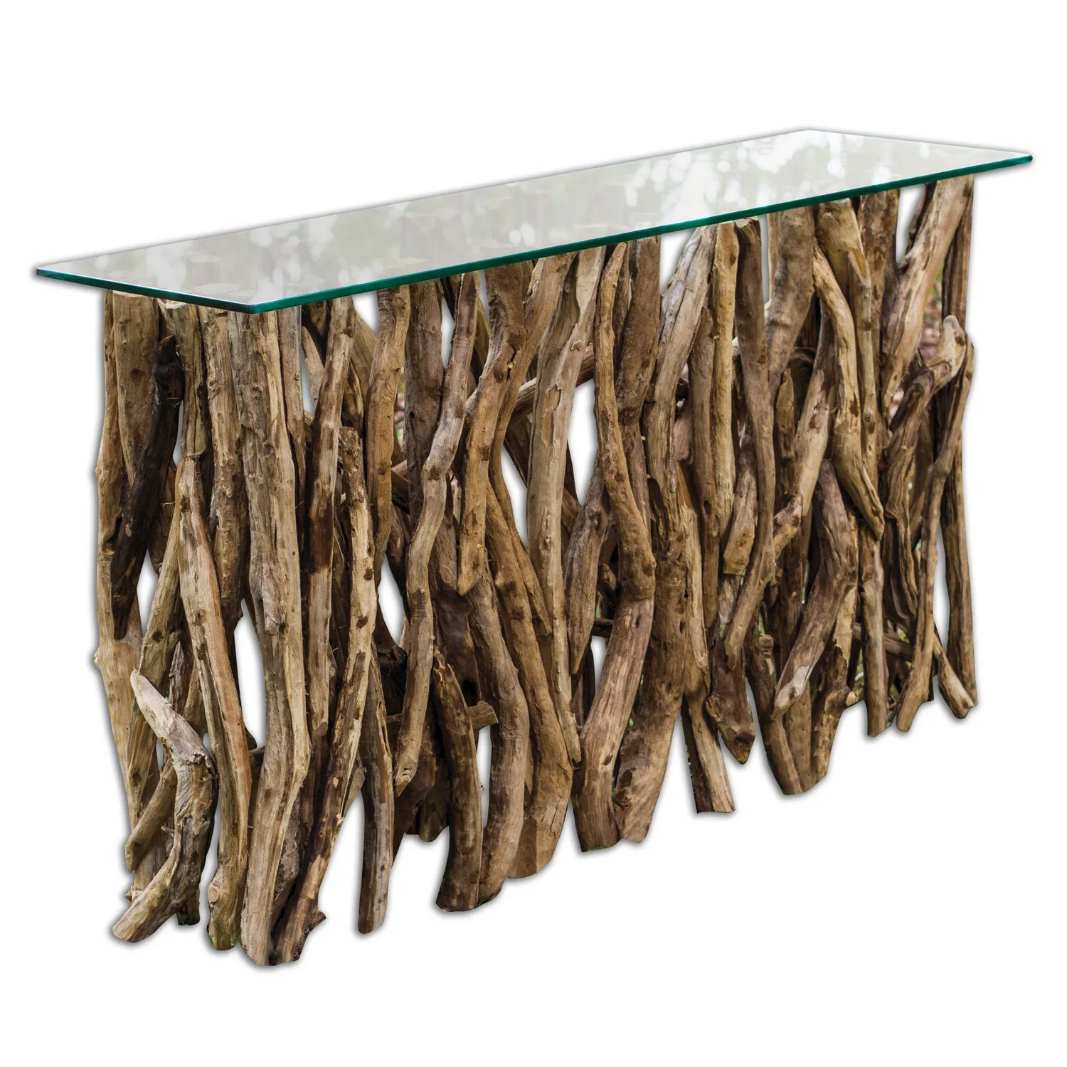 Teak Wood Console Table with Glass Top