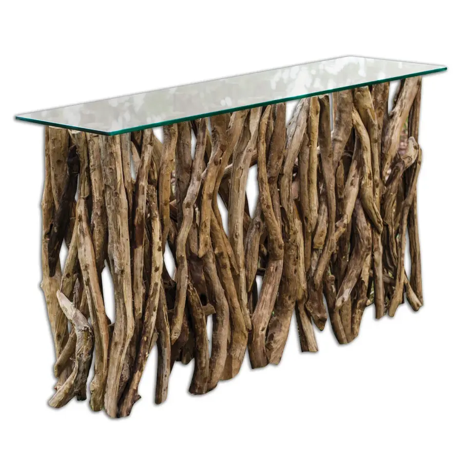 Teak Wood Console Table with Glass Top