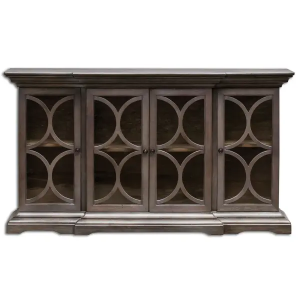 Craftsman Built With Breakfront Styling, Carved Molding Details, And Elegant Paris Silver Finish, A Subtly Metallic Silver Over A Walnut Finished Fine Wood Grain With Clear Glass Doors. Collection: Belino Designer: Matthew Williams Finish: Silver Width: 64.00" Height: 36.00" Length: 13.00" Weight: 121.00 lb Extension from Wall: 13.00" Bulb Type: tbn Material: Mango Wood With P B Carb Phase 2 Country of Origin: Indonesia Safety Rating: Indoor Only