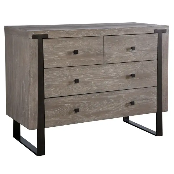 Contemporary In Style, This Light Oak Veneer Chest Features Dark Bronze Iron Legs That Embed Into The Front Face. Coordinating Hardware Decorate The Soft Closing Drawers. Collection: Gabriel Designer: Matthew Williams Finish: Dark Bronze Width: 42.00" Height: 32.00" Length: 18.00" Weight: 139.70 lb Material: Mdf, Metal, Oak Veneer Country of Origin: Vietnam Safety Rating: Indoor Only
