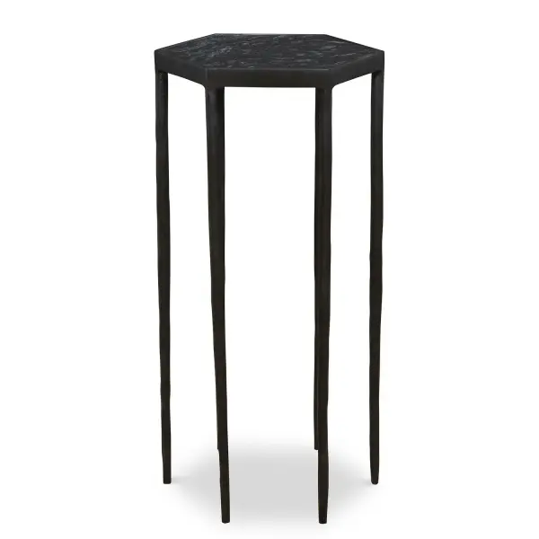 This Striking Hexagonal Table Features A Chiseled Iron Base Finished In Satin Black Paired With A Honed Black Marble Top With Natural White Veining. Because Of The Natural Characteristics Of Marble, Each Piece Will Have Unique Veining Patterns. Collection: Aviary Finish: Satin Black Width: 11.85" Height: 24.00" Length: 10.50" Weight: 20.00 lb Material: Marble, Iron Country of Origin: India Safety Rating: Indoor Only