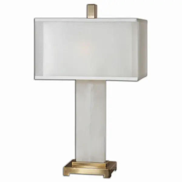 White Alabaster Base Accented With Plated Coffee Bronze Details. The Double Shade Is A Sheer Outer Hardback With A White Linen Inner Hardback. Collection: Athanas Designer: Carolyn Kinder Finish: Coffee Bronze Glass: Double Hardback Rectangle Box Width: 17.00" Height: 29.00" Length: 10.00" Weight: 10.00 lb Number of Bulbs: 2 Maximum Wattage: 60.00 W Bulb Type: A Voltage: 110.00 V Material: Metal, Alabaster, Fabric Country of Origin: China Safety Rating: Indoor Only Switch: ON-OFF