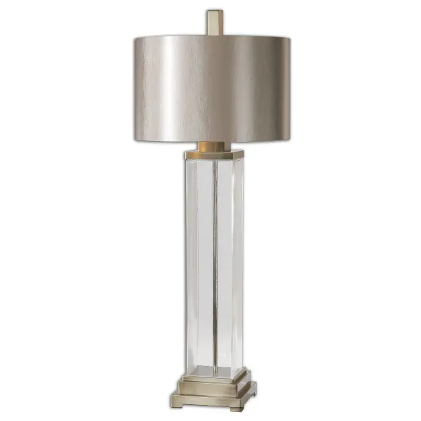 Thick Clear Glass Accented With Brushed Champagne Plated Details. The Round Hardback Drum Shade Is A Silken Champagne Bronze Fabric With Natural Slubbing. Collection: Drustan Designer: Carolyn Kinder Finish: Brushed Champagne Glass: Round Hardback Drum Width: 17.00" Height: 43.75" Length: 17.00" Weight: 13.00 lb Number of Bulbs: 1 Maximum Wattage: 150.00 W Bulb Type: A Voltage: 110.00 V Material: Steel, Glass Country of Origin: China Safety Rating: Indoor Only Switch: 3-WAY