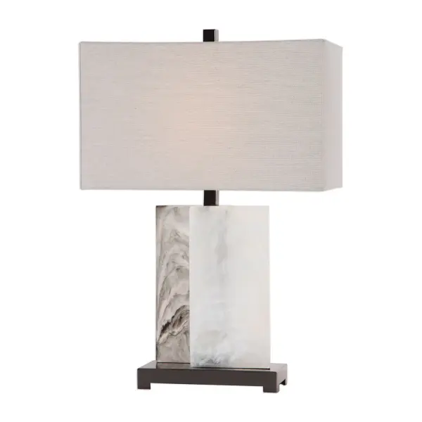 This Modern Silhouette Features Two Rectangular Slabs Reminiscent Of Billowing Smoke Fastened In An Off-set Construction Accented With Polished Black Nickel Plated Details. The Rectangle Hardback Shade Is An Off-white And Gray Linen Fabric With Natural Slubbing. Collection: Vanda Designer: Renee Wightman Finish: Polished Black Nickel Glass: Rectangle Hardback Width: 17.50" Height: 26.25" Length: 10.00" Weight: 9.90 lb Number of Bulbs: 1 Maximum Wattage: 150.00 W Bulb Type: A Voltage: 110.00 V Material: Steel, Clear Resin, Fabric Country of Origin: Cambodia Safety Rating: Indoor Only Switch: 3-WAY
