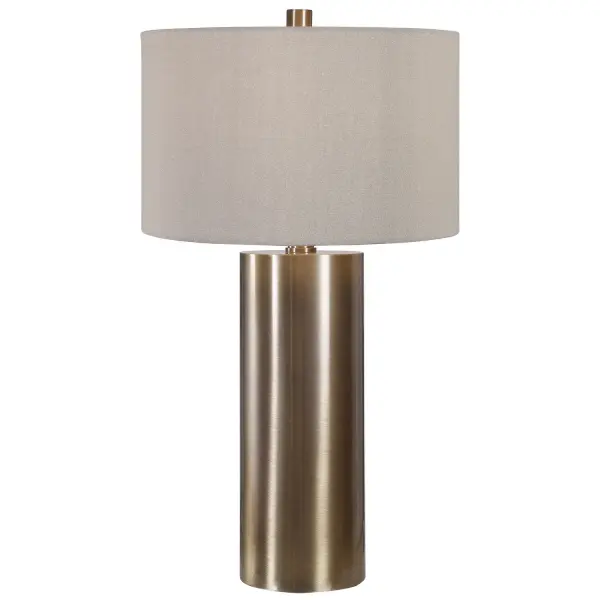 Finished In An Antiqued Brushed Brass, This Table Lamp Keeps It Simple Yet Upscale With A Large Metal Cylinder Base With Matching Accents. The Hardback Drum Shade Is Finished In A Beige Linen Fabric. Collection: Taria Finish: Antiqued Brushed Brass Glass: Round Drum Hardback Width: 18.00" Height: 31.50" Length: 18.00" Weight: 14.00 lb Number of Bulbs: 1 Maximum Wattage: 150.00 W Bulb Type: A Voltage: 110.00 V Material: Steel Country of Origin: Vietnam Safety Rating: Indoor Only Switch: 3-WAY