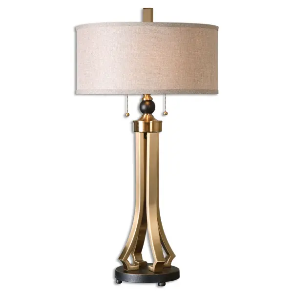 Brushed Brass Plated Metal Accented With Oil Rubbed Bronze Details. The Round Hardback Drum Shade Is A Rust Beige Linen Fabric. Collection: Selvino Designer: Billy Moon Finish: Brushed Brass Metal w/Oil Rubbed Bronze Glass: Round Hardback Drum Width: 17.00" Height: 32.75" Length: 17.00" Weight: 10.12 lb Number of Bulbs: 2 Maximum Wattage: 100.00 W Bulb Type: A Voltage: 110.00 V Material: Iron, Linen Country of Origin: China Safety Rating: Indoor Only Switch: ON-OFF