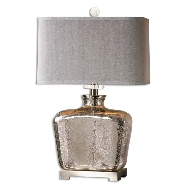 Speckled Mercury Glass With Brushed Nickel Plated Details And Crystal Accents. The Slightly Tapered Rectangle Hardback Shade Is A Light Beige Linen Fabric With Natural Slubbing And Rounded Corners. Collection: Molinara Designer: David Frisch Finish: Brushed Nickel Glass: Slightly Tapered Rectangle Hardback With Rounded Corners Width: 18.00" Height: 28.00" Length: 10.00" Weight: 10.00 lb Number of Bulbs: 1 Maximum Wattage: 150.00 W Bulb Type: A Voltage: 110.00 V Material: Glass, Metal, Crystal, Fabric Country of Origin: China Safety Rating: Indoor Only Switch: 3-WAY