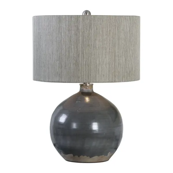 Heavily Crackled Charcoal Gray Ceramic Glaze With A Rust Brown Undertone Accented With Plated Brushed Nickel Metal Details. The Round Hardback Drum Shade Is A Textured Woven Rattan. Due To The Nature Of Fired Glazes On Ceramic Lamps, Finishes Will Vary Slightly. Collection: Vardenis Designer: Jim Parsons Finish: Brushed Nickel Glass: Round Hardback Drum Width: 17.00" Height: 24.00" Length: 17.00" Weight: 14.80 lb Number of Bulbs: 1 Maximum Wattage: 150.00 W Bulb Type: A Voltage: 110.00 V Material: Steel & Ceramics Country of Origin: China Safety Rating: Indoor Only Switch: 3-WAY