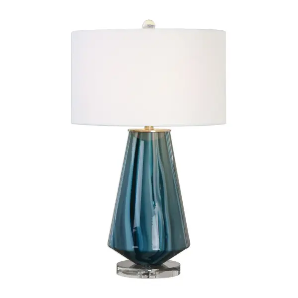 Teal-gray Glass Base Featuring Swirls Of Bold Blue-ivory Accented With Brushed Nickel Details And A Thick Crystal Foot. The Round Hardback Drum Shade Is A Light Beige Linen Fabric. Collection: Pescara Designer: Jim Parsons Finish: Brushed Nickel Glass: Round Hardback Drum Width: 17.00" Height: 28.25" Length: 17.00" Weight: 13.50 lb Number of Bulbs: 1 Maximum Wattage: 150.00 W Bulb Type: A Voltage: 110.00 V Material: Glass/Crystal/Iron/Fabric Country of Origin: China Safety Rating: Indoor Only Switch: 3-WAY
