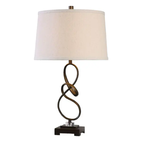 Hand Twisted Steel, Finished In An Oil Rubbed Bronze, Accented With Thick Crystal Details. The Tapered Round Hardback Shade Is A Light Beige Linen Fabric With Natural Slubbing. Collection: Tenley Finish: Oil Rubbed Bronze Glass: Tapered Round Hardback Width: 16.00" Height: 27.25" Length: 14.00" Weight: 7.00 lb Number of Bulbs: 1 Maximum Wattage: 150.00 W Bulb Type: A Voltage: 110.00 V Material: Steel, Crystal Country of Origin: China Safety Rating: Indoor Only Switch: 3-WAY
