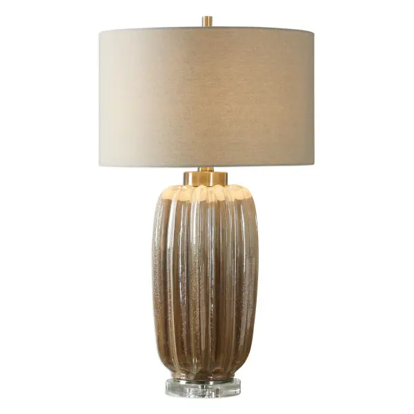 Ribbed Ceramic Finished In A Two-tone Pearlescent Ivory And Rust Brown Glaze, Accented With Plated Brushed Antiqued Gold Details And A Thick Crystal Foot. The Round Hardback Drum Shade Is A Light Oatmeal Linen Fabric With Natural Slubbing. Due To The Nature Of Fired Glazes On Ceramic Lamps, Finishes Will Vary Slightly. Collection: Gistova Designer: Jim Parsons Finish: Brushed Antiqued Gold Glass: Round Hardback Drum Width: 17.00" Height: 29.75" Length: 17.00" Weight: 11.60 lb Number of Bulbs: 1 Maximum Wattage: 150.00 W Bulb Type: A Voltage: 110.00 V Material: Steel & Ceramic & Crystal Country of Origin: China Safety Rating: Indoor Only Switch: 3-WAY
