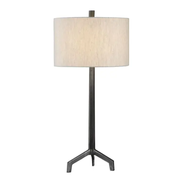 Tapered Cast Iron With A Subtle Textured Surface, With A Raw Steel Finish And Burnished Distressing. The Round Hardback Drum Shade Is A Light Beige Linen Fabric With Natural Slubbing. Collection: Ivor Designer: Jim Parsons Finish: Raw Steel And Burnished Distressing Glass: Round Hardback Drum Width: 16.00" Height: 33.75" Length: 16.00" Weight: 10.50 lb Number of Bulbs: 1 Maximum Wattage: 150.00 W Bulb Type: A Voltage: 110.00 V Material: Steel Country of Origin: China Safety Rating: Indoor Only Switch: 3-WAY