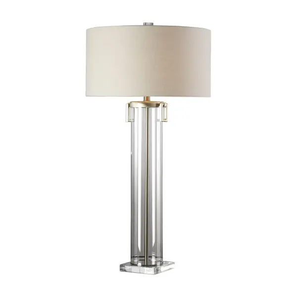 This Substantial Lamp Features A Clear Acrylic Tall Cylinder, Accented With Light Champagne-nickel Plated Details And A Thick Crystal Foot. The Round Hardback Drum Shade Is An Off-white Linen Fabric With Light Slubbing. Collection: Monette Designer: Jim Parsons Finish: Brushed Nickel Glass: Round Hardback Drum Width: 20.00" Height: 39.75" Length: 20.00" Weight: 3.00 lb Number of Bulbs: 1 Maximum Wattage: 150.00 W Bulb Type: A Voltage: 110.00 V Material: Steel & Crystal & Acrylic Country of Origin: China Safety Rating: Indoor Only Switch: 3-WAY