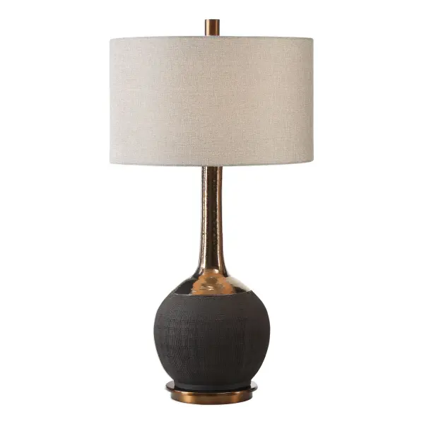 This Ceramic Base Features A Textured, Matte Black Hand-scored Body, Accented With A Metallic Golden Bronze Glazed Neck, Paired With Antique Brass Plated Details. The Round Hardback Drum Shade Is A Light Gray Linen Fabric. Collection: Arnav Designer: David Frisch Finish: Golden Bronze Glass: Round Hardback Drum Width: 17.00" Height: 32.00" Length: 17.00" Weight: 11.00 lb Number of Bulbs: 1 Maximum Wattage: 150.00 W Bulb Type: A Voltage: 110.00 V Material: Steel & Ceramic Country of Origin: China Safety Rating: Indoor Only Switch: 3-WAY