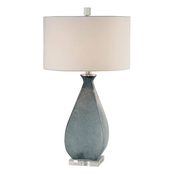 Deep Ocean Blue Glass With An Acid Etched Texture, Accented With Brushed Nickel Plated Details And A Thick Crystal Foot. The Round Hardback Drum Shade Is A White Linen Fabric. Collection: Atlantica Designer: Jim Parsons Finish: Brushed Nickel Glass: Round Hardback Drum Width: 16.00" Height: 29.25" Length: 16.00" Weight: 11.20 lb Number of Bulbs: 1 Maximum Wattage: 150.00 W Bulb Type: A Voltage: 110.00 V Material: Steel & Crystal & Glass Country of Origin: China Safety Rating: Indoor Only Switch: 3-WAY