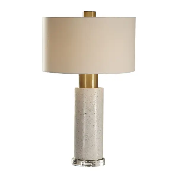 This Solid Concrete Column Base Features A Polished Surface Finished In A Bleached Wash, Accented With A Thick Crystal Foot, And Brushed Brass Plated Details. The Round Hardback Drum Shade Is A White Linen Fabric. Collection: Vaeshon Designer: David Frisch Finish: Brushed Brass Glass: Round Hardback Drum Width: 18.00" Height: 29.50" Length: 18.00" Weight: 21.60 lb Number of Bulbs: 1 Maximum Wattage: 150.00 W Bulb Type: A Voltage: 110.00 V Material: Concrete Crystal Iron Fabric Country of Origin: China Safety Rating: Indoor Only Switch: 3-WAY