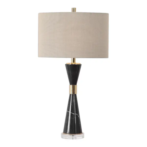Mid-century Flair Is Added To This Design Featuring An Hourglass Shaped Base Constructed Of Solid, Black Marble And Is Accented With Stainless Steel Details Finished In A Plated Gold And A Thick Crystal Foot. The Oval Hardback Drum Shade Is A Beige Linen Fabric With Vertical Slubbing. Collection: Alastair Designer: Grace Feyock Finish: Plated Gold Glass: Oval Hardback Width: 16.00" Height: 29.63" Length: 10.00" Weight: 14.00 lb Number of Bulbs: 1 Maximum Wattage: 150.00 W Bulb Type: A Voltage: 110.00 V Material: Steel, Marble, Crystal, Fabric Country of Origin: China Safety Rating: Indoor Only Switch: 3-WAY