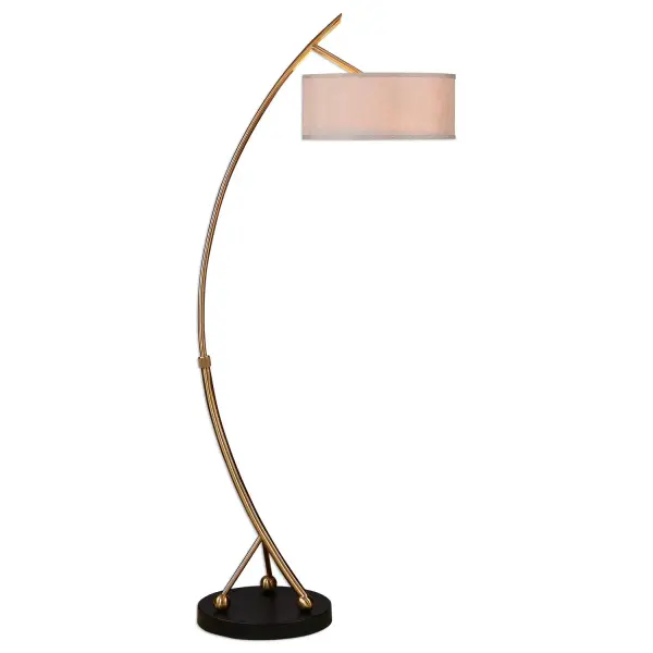 Curved Metal Finished In A Plated Brushed Brass Accented With A Matte Black Foot. The Round Hardback Drum Shade Is A Rust Beige Linen Fabric. Shade Pivots Up And Down For Desired Placement. Collection: Vardar Designer: David Frisch Finish: Brushed Brass Glass: Round Hardback Drum Width: 29.50" Height: 68.00" Length: 17.00" Weight: 24.00 lb Number of Bulbs: 2 Maximum Wattage: 75.00 W Bulb Type: A Voltage: 110.00 V Material: Iron Country of Origin: China Safety Rating: Indoor Only Switch: ON-OFF