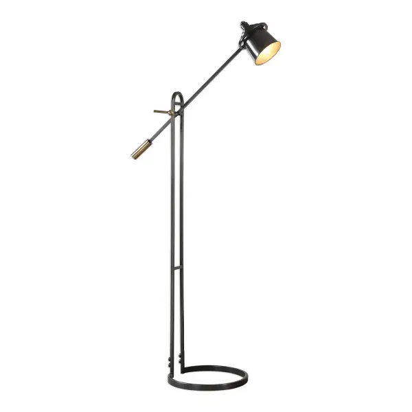 This Steel Lamp Features A Delicate Stature With A Wide Footprint, Finished In A Plated, Dark Oil Rubbed Bronze, Accented With Antique Brass Details. The Shade Arm Is Adjustable In Height And Shade Pivots Left And Right. Collection: Chisum Designer: Jim Parsons Finish: Dark Oil Rubbed Bronze Glass: Metal Shade Width: 31.75" Height: 63.75" Length: 13.25" Weight: 11.00 lb Number of Bulbs: 1 Maximum Wattage: 60.00 W Bulb Type: A Voltage: 110.00 V Material: Steel Country of Origin: Vietnam Safety Rating: Indoor Only Switch: ON-OFF