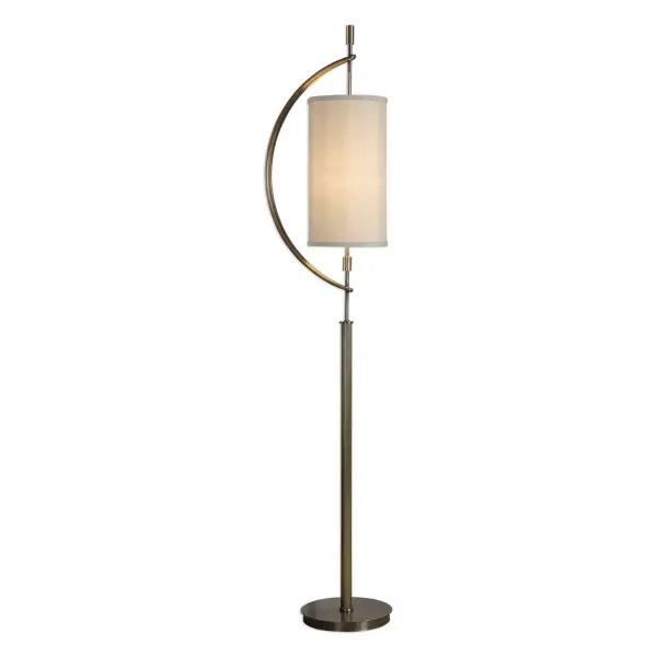 Antique Brass Plated Steel, Featuring A Gracefully Curved Double Banded Design That Gives The Illusion Of A Suspended Shade. The Tall, Round Hardback Shade Is A Light Beige Linen Fabric With Natural Slubbing. Collection: Balaour Designer: David Frisch Finish: Antique Brass Glass: Tapered Round Hardback Width: 15.50" Height: 66.00" Length: 10.00" Weight: 7.30 lb Number of Bulbs: 1 Maximum Wattage: 100.00 W Bulb Type: A Voltage: 110.00 V Material: Steel & Fabric Country of Origin: China Safety Rating: Indoor Only Switch: ON-OFF