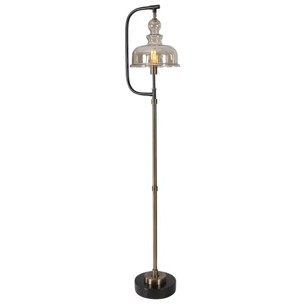 This Floor Lamp Features A Delicate Design Finished In A Plated Antiqued Brushed Brass And Rusted Aged Black, Featuring A Gracefully Curved Light Amber Glass Shade. Collection: Elieser Designer: Matthew Williams Finish: Antiqued Brushed Brass Glass: Glass Shade Width: 13.50" Height: 68.50" Length: 11.75" Weight: 21.00 lb Number of Bulbs: 1 Maximum Wattage: 60.00 W Bulb Type: A Voltage: 110.00 V Material: Steel And Glass Country of Origin: China Safety Rating: Indoor Only Switch: ON-OFF