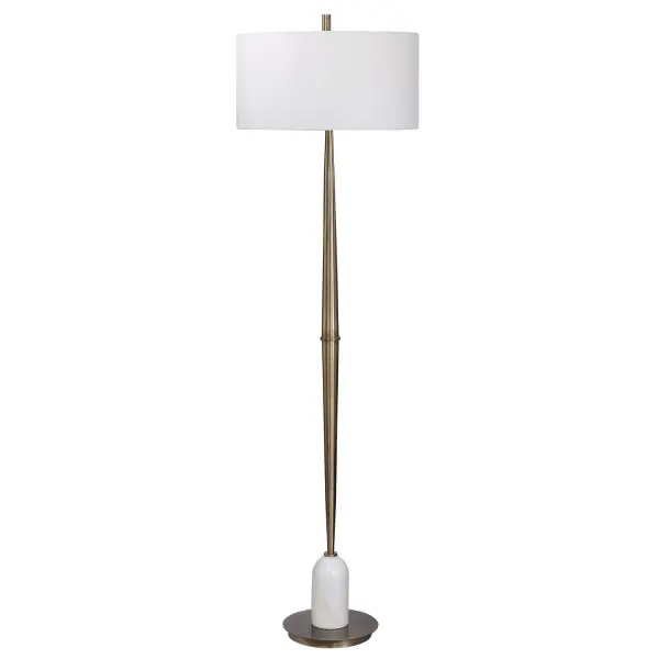 Transitional In Design, This Floor Lamp Has A Tapered Base Finished In A Plated Antique Brass, Accented With A Polished White Marble Detail. The Piece Has A White Linen Hardback Drum Shade. Collection: Minette Designer: David Frisch Finish: Antique Brass Glass: Round Drum Hardback Shade Width: 20.00" Height: 70.50" Length: 20.00" Weight: 15.00 lb Number of Bulbs: 1 Maximum Wattage: 150.00 W Bulb Type: A Voltage: 110.00 V Material: Steel, Marble, Fabric Country of Origin: Vietnam Safety Rating: Indoor Only Switch: 3-WAY