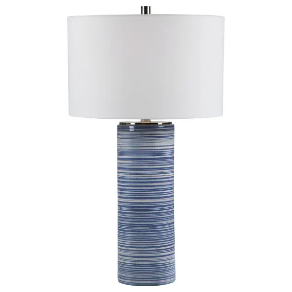 Showcasing Trendy White And Indigo Blue Hues, This Ceramic Table Lamp Has A Striped Glaze With Polished Nickel Accents. The Round Hardback Drum Shade Is A White Linen Fabric. Collection: Montauk Designer: Renee Wightman Finish: Polished Nickel Glass: Round Drum Hardback Width: 16.00" Height: 28.50" Length: 16.00" Weight: 8.80 lb Number of Bulbs: 1 Maximum Wattage: 150.00 W Bulb Type: A Voltage: 110.00 V Material: Ceramics, Steel, Fabric Country of Origin: China Safety Rating: Indoor Only Switch: 3-WAY