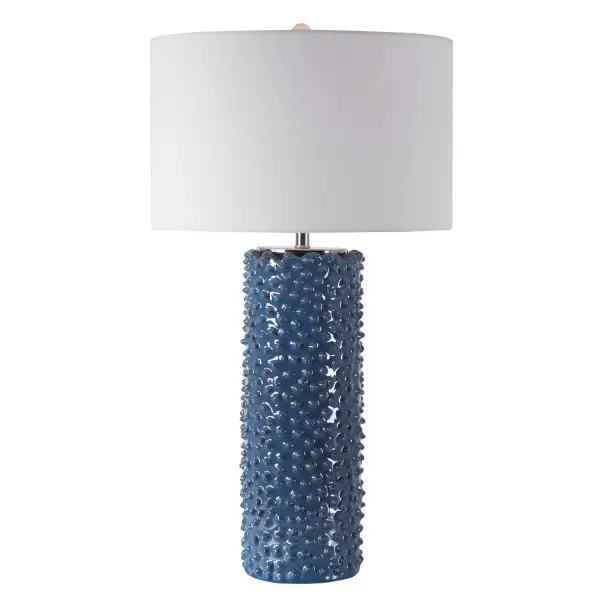 Featuring A Casual Coastal Style, This Table Lamp Showcases Textural, Visual Interest Finished In A Deep Indigo Glaze With Brushed Nickel Accents And A Crystal Finial. The Lamp Is Paired With A White Fabric Round Drum Shade. Collection: Ciji Designer: Renee Wightman Finish: Brushed Nickel Glass: Round Drum Hardback Width: 16.00" Height: 29.50" Length: 16.00" Weight: 9.26 lb Number of Bulbs: 1 Maximum Wattage: 150.00 W Bulb Type: A Voltage: 110.00 V Material: Ceramics, Steel, Fabric Country of Origin: China Safety Rating: Indoor Only Switch: 3-WAY