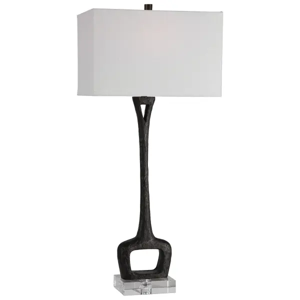 This Cast Iron Table Lamp Is Finished In A Masculine Aged Black With A Heavy Organic Texture Displayed On An Elegant Crystal Foot. The Lamp Is Paired With A Rectangular Hardback Shade In A White Linen Fabric With Vertical Slubbing. Collection: Darbie Designer: Carolyn Kinder Finish: Aged Black Glass: Rectangle Hardback Width: 16.00" Height: 35.75" Length: 10.00" Weight: 14.00 lb Number of Bulbs: 1 Maximum Wattage: 150.00 W Bulb Type: A Voltage: 110.00 V Material: Crystal, Cast Iron, Fabric Country of Origin: Cambodia Safety Rating: Indoor Only Switch: 3-WAY
