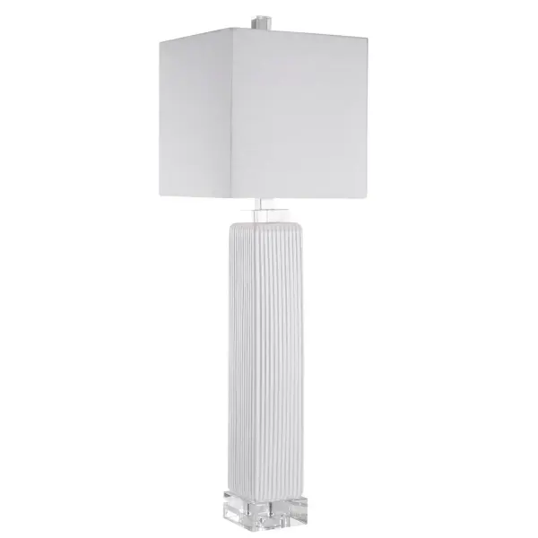 Showcasing A Refined Transitional Style, This Buffet Lamp Can Be Easily Placed With Its Square Ribbed Base Finished In A Gloss White Glaze, Paired With Thick Crystal Details And Brushed Nickel Accents. The Square Hardback Shade Is An Off-white Linen Fabric With Natural Slubbing. Collection: Bennett Designer: Carolyn Kinder Finish: Brushed Nickel Glass: Square Hardback Width: 10.00" Height: 32.50" Length: 10.00" Weight: 10.00 lb Number of Bulbs: 1 Maximum Wattage: 150.00 W Bulb Type: A Voltage: 110.00 V Material: Ceramic, Fabric, Iron, Crystal Country of Origin: China Safety Rating: Indoor Only Switch: 3-WAY