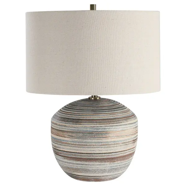 This Ceramic Accent Lamp Features A Striped Motif In Neutral Shades Of Brown, Taupe, Cream And Blue Accented By Light Brushed Brass Plated Details. A Light Beige Linen Drum Shade With Natural Slubbing Completes The Piece. Collection: Prospect Designer: Osvaldo Mendoza Finish: Brushed Brass Glass: Round Drum Hardback Width: 17.00" Height: 22.00" Length: 17.00" Weight: 9.00 lb Number of Bulbs: 1 Maximum Wattage: 150.00 W Bulb Type: A Voltage: 110.00 V Material: Ceramic, Iron Country of Origin: China Safety Rating: Indoor Only