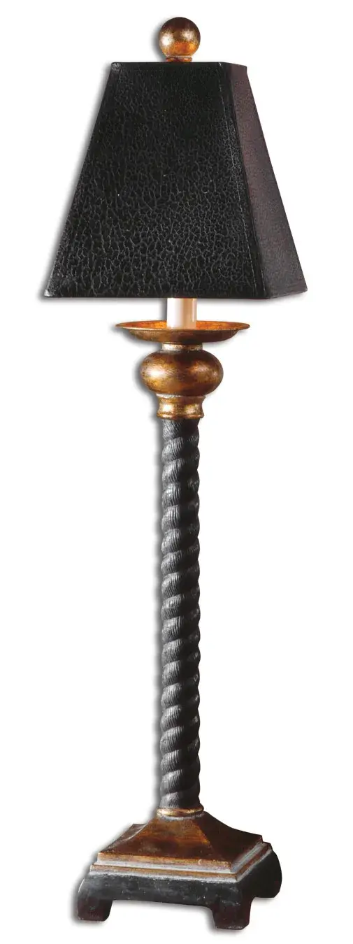 This Attractive Rope Lamp Has A Matte Black Finish Washed In Antique Gray Glaze And Accented With A Hand Applied Bronze Leaf. The Hardback Shade Is Antique Black Crackle. Collection: Bellcord Designer: Carolyn Kinder Finish: Matte Black, Antique Gray And Bronze Glass: Square Straight Shade Width: 7.50" Height: 31.25" Length: 7.50" Weight: 5.00 lb Extension from Wall: 7.50" Number of Bulbs: 1 Maximum Wattage: 40.00 W Bulb Type: A Bulb Base: Medium Voltage: 110.00 V Material: Resin Country of Origin: China Safety Rating: Indoor Only Switch: ON-OFF