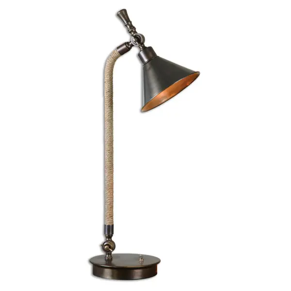 Metal Base Finished In A Plated, Oxidized Bronze Accented With A Wrapped Tea-stained Rope Around The Neck. Base Arm And Shade Pivots Up And Down. Collection: Duvall Task Finish: Oxidized Bronze Glass: Metal Shade Width: 24.00" Height: 27.50" Length: 7.75" Weight: 5.50 lb Number of Bulbs: 1 Maximum Wattage: 40.00 W Bulb Type: A Voltage: 110.00 V Material: Metal And Fabric Country of Origin: China Safety Rating: Indoor Only Switch: ON-OFF