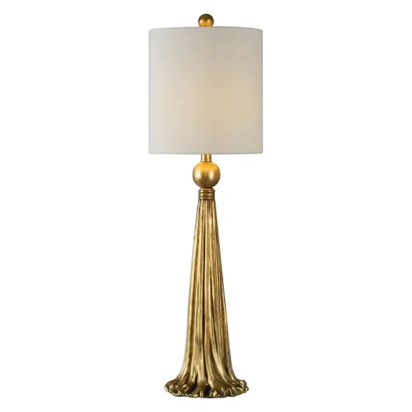 This Drapery Inspired Design Is Hand Finished In A Heavily Antiqued Metallic Gold. The Round Hardback Drum Shade Is A White Linen Fabric With Light Slubbing. Collection: Paravani Designer: Billy Moon Finish: Antiqued Metallic Gold Glass: Round Hardback Drum Width: 11.00" Height: 36.00" Length: 11.00" Weight: 9.24 lb Number of Bulbs: 1 Maximum Wattage: 150.00 W Bulb Type: A Voltage: 110.00 V Material: Resin, Steel, Fabric Country of Origin: China Safety Rating: Indoor Only Switch: 3-WAY