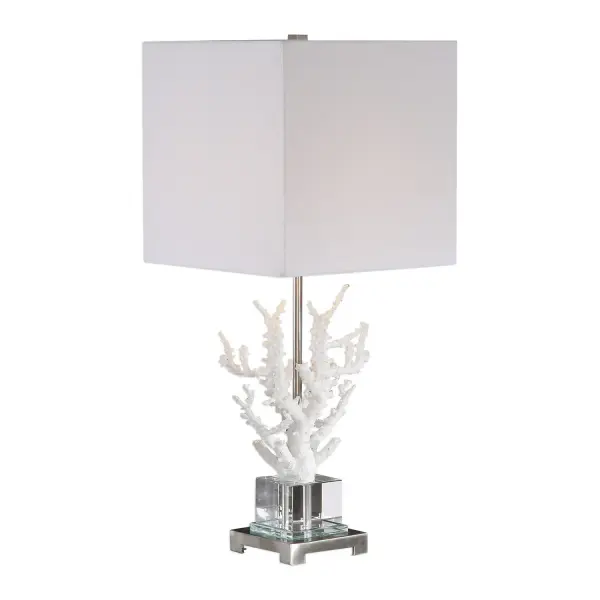Add Nautical Style To Any Space With This Realistic White Coral Lamp That Is Displayed On An Elegant Crystal Platform, Accented With Polished Nickel Plated Details. The Square Hardback Shade Is A Light Beige Linen Fabric With Natural Slubbing. Collection: Corallo Designer: David Frisch Finish: Polished Nickel Glass: Square Hardback Width: 12.50" Height: 29.00" Length: 12.50" Weight: 4.60 lb Number of Bulbs: 1 Maximum Wattage: 150.00 W Bulb Type: A Voltage: 110.00 V Material: Crystal, Resin, Iron, Fabric Country of Origin: China Safety Rating: Indoor Only Switch: 3-WAY