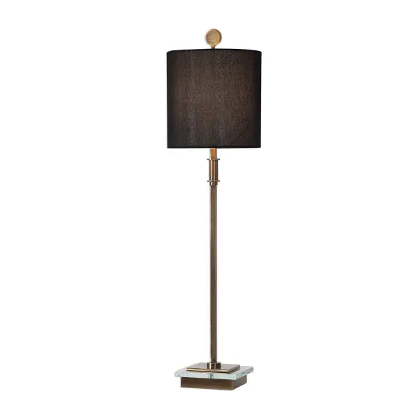 Sleek, Modern Lines Complete This Sophisticated Design Featuring A Delicate Iron Base Finished In A Plated Antique Brass, Accented With A Thick Crystal Slab And A Heavy Disk Finial. A Round Hardback Drum Shade In A Black Linen Fabric Completes This Versatile Piece. Collection: Volante Designer: Matthew Williams Finish: Antique Brass Glass: Round Hardback Drum Width: 9.00" Height: 33.75" Length: 9.00" Weight: 6.34 lb Number of Bulbs: 1 Maximum Wattage: 100.00 W Bulb Type: A Voltage: 110.00 V Material: Iron, Fabric And Crystal Country of Origin: China Safety Rating: Indoor Only Switch: ON-OFF