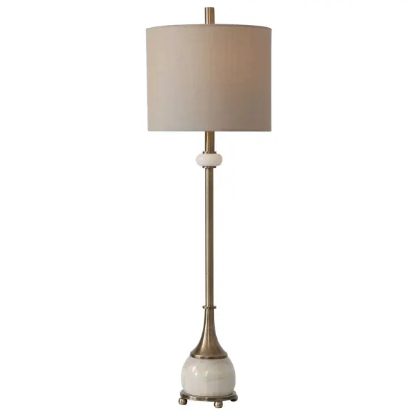 This Buffet Lamp Features A Delicate Design With Traditional Elements That Showcase Polished White Marble Details, Paired With Antique Brass Plated Accents. The Round Hardback Shade Is A Warm Khaki Linen Fabric. Collection: Natania Designer: Billy Moon Finish: Antique Brass Glass: Round Hardback Shade Width: 11.00" Height: 35.00" Length: 11.00" Weight: 8.58 lb Number of Bulbs: 1 Maximum Wattage: 100.00 W Bulb Type: A Voltage: 110.00 V Material: Steel, Marble, Linen Country of Origin: Vietnam Safety Rating: Indoor Only Switch: ON-OFF