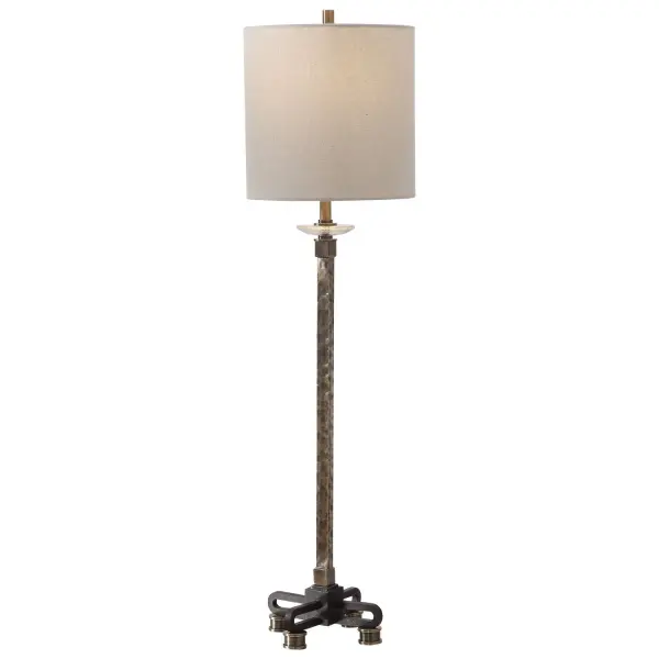 This Buffet Lamp Has A Rustic Industrial Feel Featuring A Hammered Steel Base With A Heavily Antiqued Brass Plated Finish, Paired With A Rust Black Foot With Crystal Accent. The Round Hardback Shade Is A Beige Linen Fabric Light Slubbing. Collection: Parnell Designer: Matthew Williams Finish: Antique Brass Glass: Round Hardback Shade With Linning Background Width: 9.00" Height: 33.75" Length: 9.00" Weight: 4.42 lb Number of Bulbs: 1 Maximum Wattage: 60.00 W Bulb Type: A Voltage: 110.00 V Material: Steel, Crystal And Fabric Country of Origin: China Safety Rating: Indoor Only Switch: ON-OFF