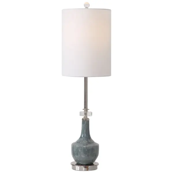 This Buffet Lamp Features A Ceramic Base Finished In A Mottled Blue Glaze With Subtle Rust Distressing. Polished Nickel Plated Details And Crystal Accents Complement This Design. The Round Hardback Shade Is A White Linen Fabric. Collection: Piers Designer: David Frisch Finish: Polished Nickel Glass: Drum Hardback Rolled Edge Width: 10.00" Height: 33.25" Length: 10.00" Weight: 4.00 lb Number of Bulbs: 1 Maximum Wattage: 150.00 W Bulb Type: A Voltage: 110.00 V Material: Steel & Crystal & K9Ceramic & Fabric Country of Origin: China Safety Rating: Indoor Only Switch: 3-WAY