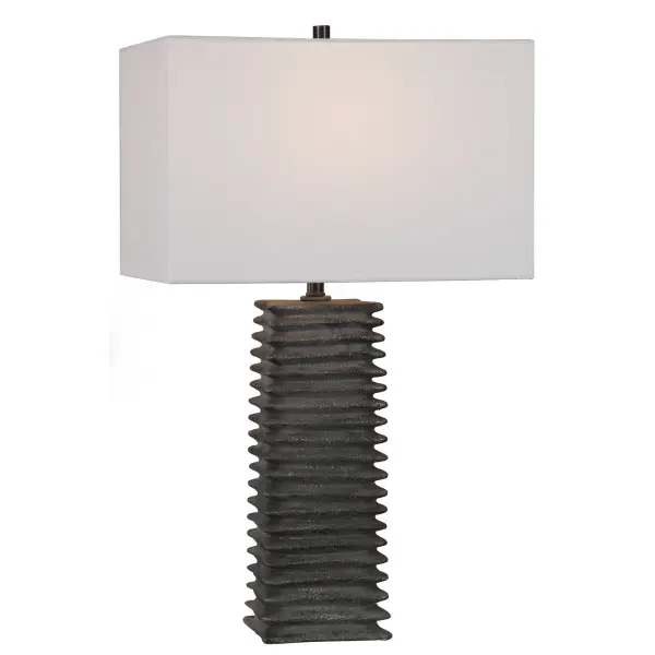 This Ceramic Table Lamp Features A Deep Ribbed Texture With A Subtle Organic Shape Finished In A Metallic Charcoal Glaze, Accented With Matching Metal Details. The Rectangle Hardback Shade Is A White Linen Fabric. Collection: Sanderson Designer: Billy Moon Finish: Charcoal Glaze Glass: Rectangle Shade Width: 16.00" Height: 26.50" Length: 10.00" Weight: 8.36 lb Number of Bulbs: 1 Maximum Wattage: 150.00 W Bulb Type: A Voltage: 110.00 V Material: Ceramic, Steel, Fabric Country of Origin: China Safety Rating: Indoor Only Switch: 3-WAY