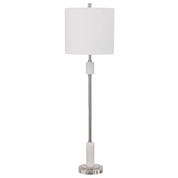 Showcasing A Transitional Elegance, This Buffet Lamp Features A Plated Polished Nickel Finish With Sophisticated White Marble Details And A Thick Crystal Foot. The Lamp Is Paired With A White Linen Hardback Drum Shade. Collection: Sussex Designer: Matthew Williams Finish: Polished Nickel Glass: Round Hardback Shade With Linning Background Width: 10.00" Height: 35.00" Length: 10.00" Weight: 5.75 lb Number of Bulbs: 1 Maximum Wattage: 100.00 W Bulb Type: A Voltage: 110.00 V Material: Crystal, Marble, Steel, Fabric Country of Origin: China Safety Rating: Indoor Only