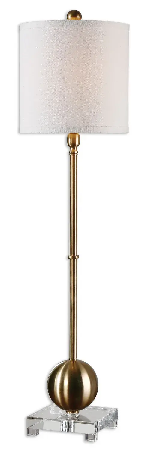 This Versatile Buffet Lamp Features Smooth Iron Details Finished In A Plated Brushed Brass, Accented With A Thick Crystal Base. The Round Hardback Drum Shade Is An Off-white Linen Fabric. Collection: Laton Designer: David Frisch Finish: Brushed Brass Glass: Round Hardback Drum Width: 9.00" Height: 35.00" Length: 9.00" Weight: 6.00 lb Number of Bulbs: 1 Maximum Wattage: 60.00 W Bulb Type: A Voltage: 110.00 V Material: Metal, Crystal Country of Origin: China Safety Rating: Indoor Only Switch: ON-OFF