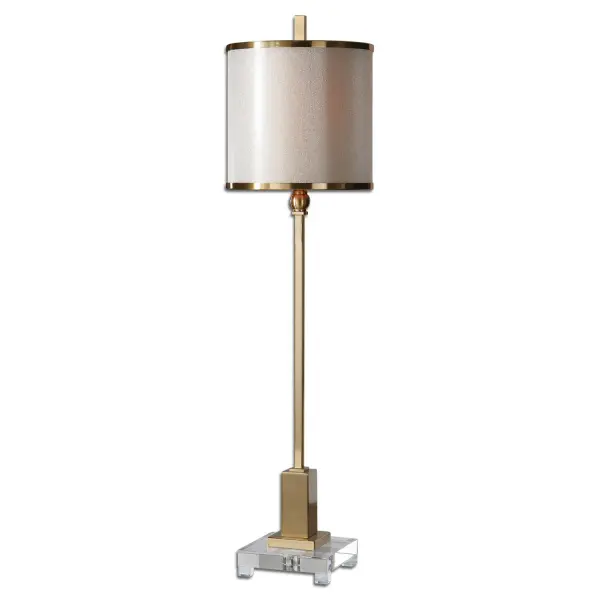 Brushed Brass Plated Metal Accented With A Crystal Foot. The Double Hardback Shades Are A Golden Champagne Inner Shade With A Warm Champagne, Silken Sheer Outer Shade And Metal Trim. Collection: Villena Designer: Carolyn Kinder Finish: Brushed Brass Glass: Double Hardback Drums Width: 9.00" Height: 34.50" Length: 9.00" Weight: 4.00 lb Extension from Wall: 9.00" Number of Bulbs: 1 Maximum Wattage: 75.00 W Bulb Type: A Voltage: 110.00 V Material: Metal, Fabric, Crystal Country of Origin: China Safety Rating: Indoor Only Switch: ON-OFF